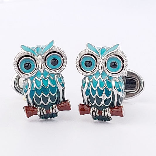Sculpted enamel owl cufflinks in sterling silver with black crystal eyes and whale-back closure