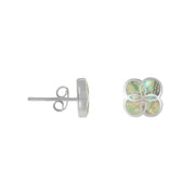 Sterling silver quatrefoil flower stud earrings with iridescent abalone shell inlay and butterfly back, luxury women's fine jewelry.