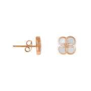 Rose gold quatrefoil flower stud earrings with white mother of pearl enamel inlay and butterfly back, luxury women's fine jewelry.