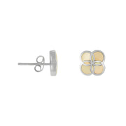 Sterling silver quatrefoil flower stud earrings with warm ivory yellow mother of pearl inlay and butterfly back, luxury women's fine jewelry.