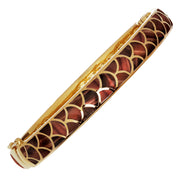 Rectangular hinged bangle with overlapping fan-scale pattern filled with deep garnet red translucent enamel 