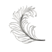 Sterling silver open-work feather brooch with delicate hand-textured quill detailing — an elegant, nature-inspired lapel pin for sophisticated styling.