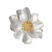 Brushed sterling silver wildflower brooch with 18k gold vermeil stamen accents — a breathtaking, nature-inspired statement pin that brings sculptural elegance and artisan beauty to any lapel or neckline.