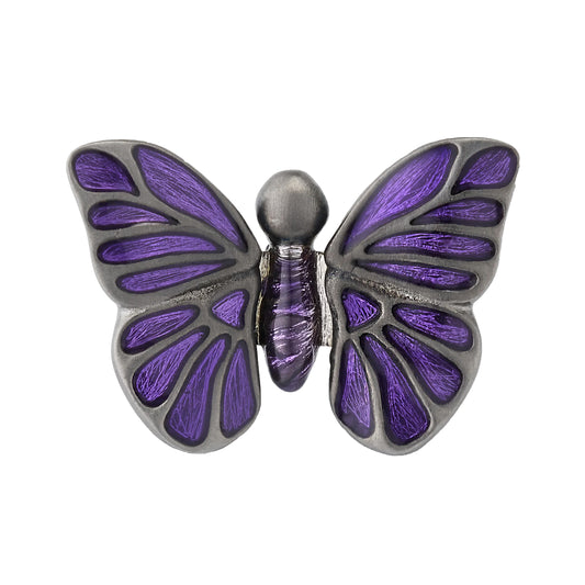 Sterling silver butterfly lapel pin with hand-painted purple enamel wings and oxidized finish, Jan Leslie