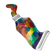 Sterling silver multicolor swirl resin paint tube lapel pin front view showing full silhouette rainbow swirl resin and sterling silver collar and tip by Jan Leslie.