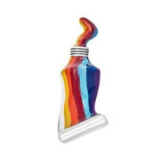  Sterling silver multicolor swirl resin paint tube lapel pin front view showing full silhouette rainbow swirl resin and sterling silver collar and tip by Jan Leslie