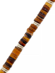 Close-up of alternating amber honey cognac dark brown and black shell heishi disc beads