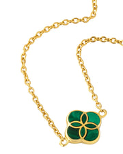Malachite quatrefoil gold pendant necklace, angled studio view — Jan Leslie
