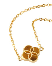 Close-up of tiger's eye quatrefoil inlay gold pendant necklace on rolo chain — Jan Leslie