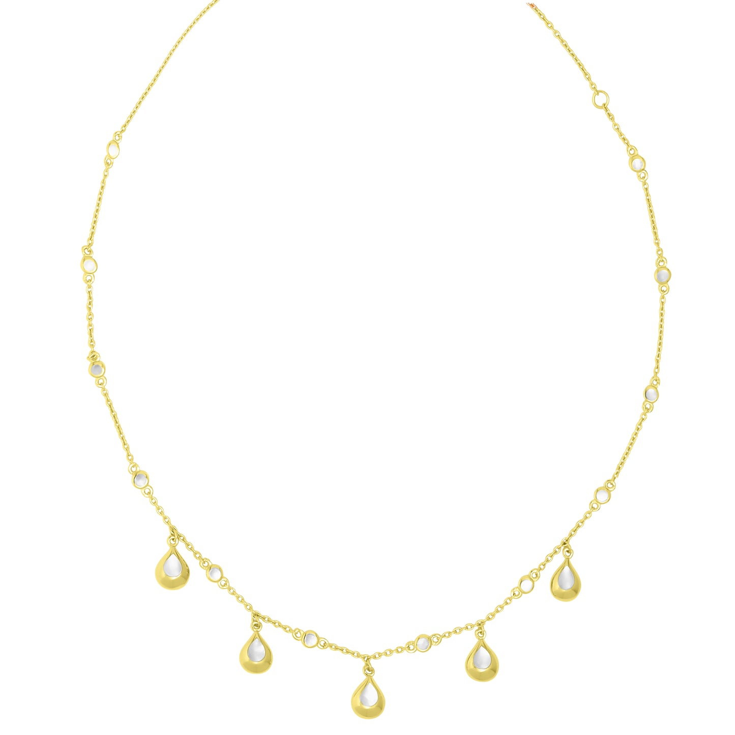 Delicate gold chain necklace featuring dangling teardrop charms and bezel-set mother-of-pearl stations 