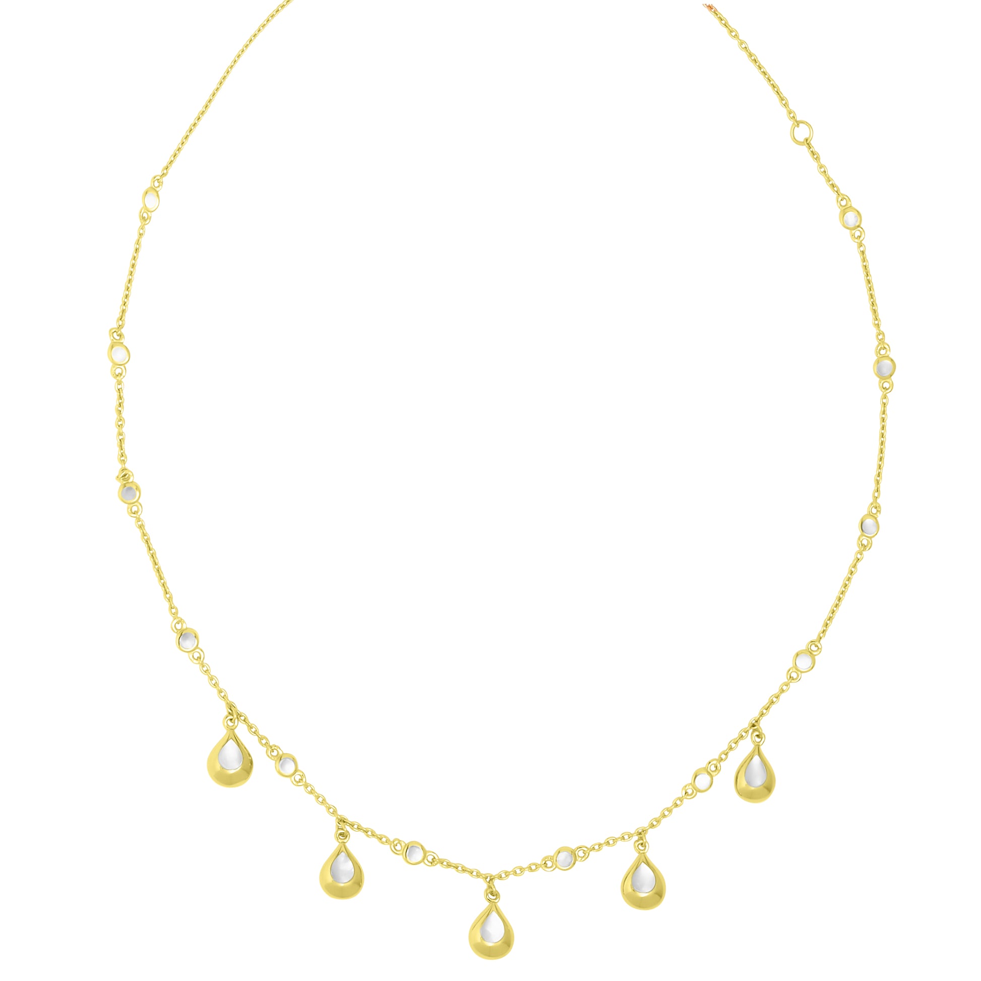Delicate gold chain necklace featuring dangling teardrop charms and bezel-set mother-of-pearl stations 