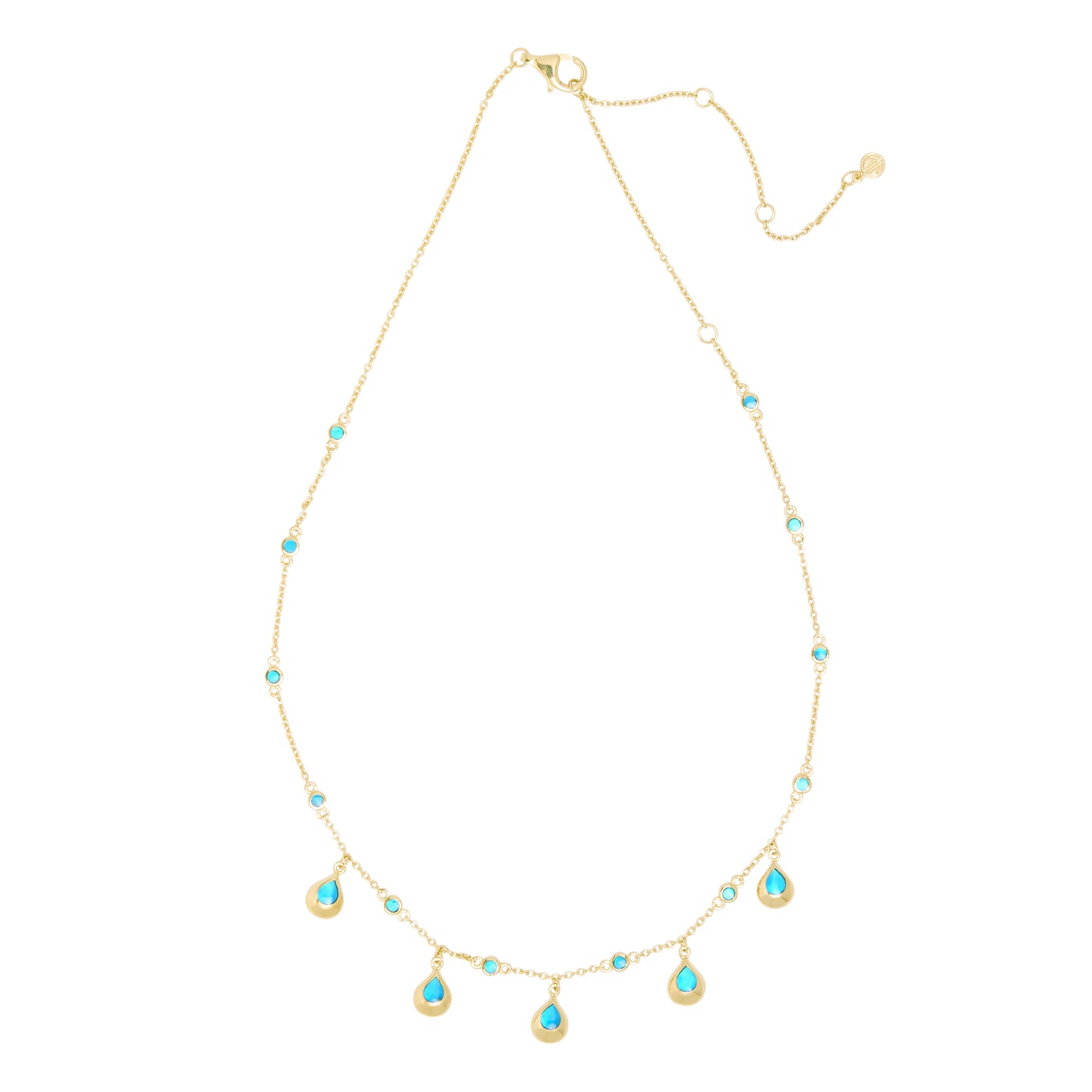 Adjustable gold chain necklace with turquoise teardrop charms and bezel-set stone stations