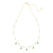 Adjustable gold chain necklace with turquoise teardrop charms and bezel-set stone stations