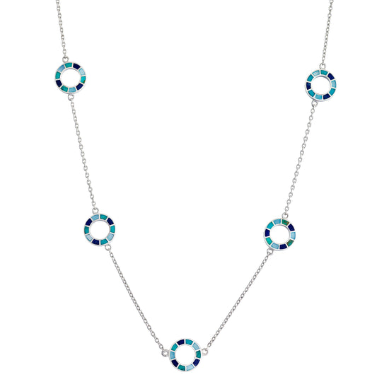 Dash Circle Gemstone Triple Station Tonal Blue Sterling Necklace