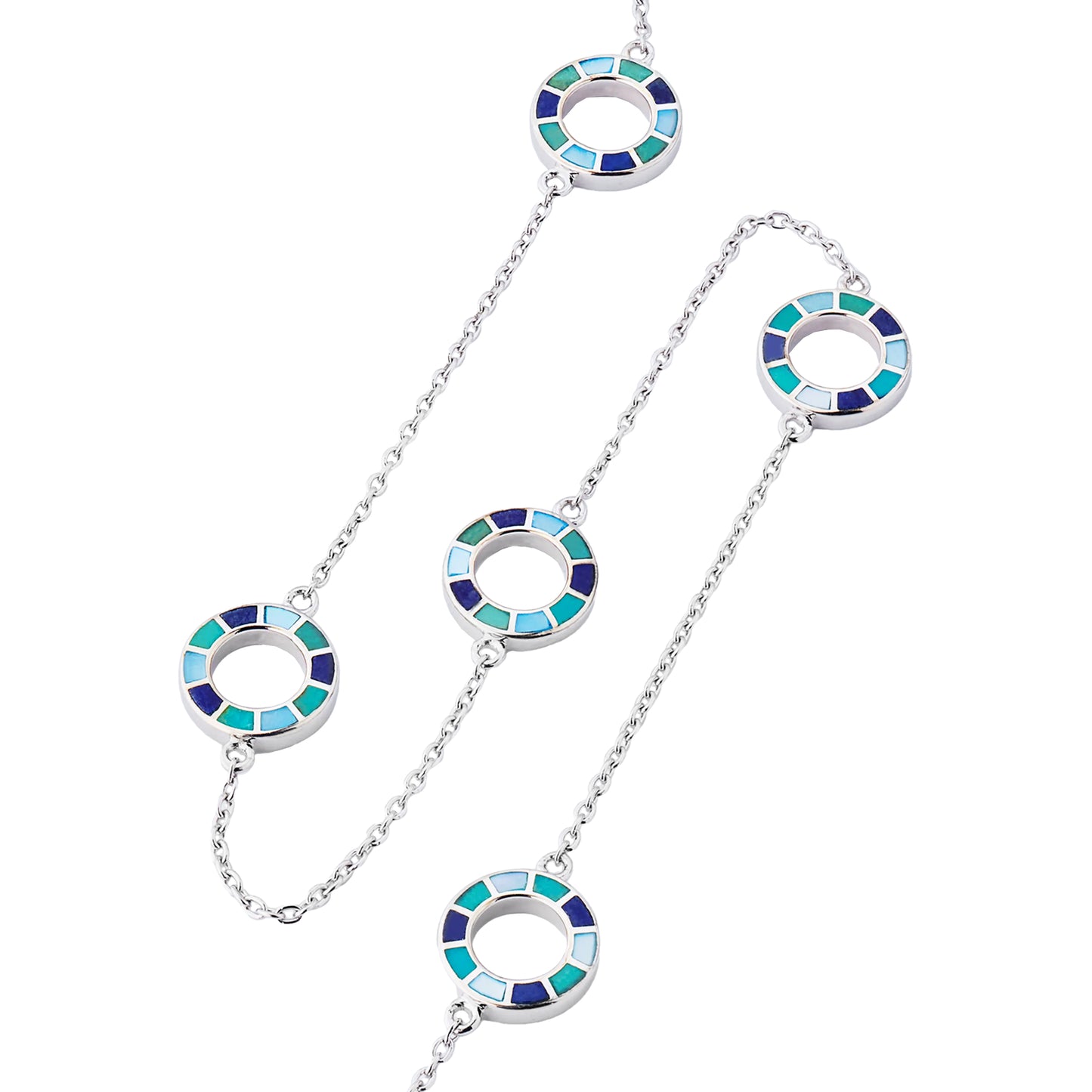 Dash Circle Gemstone Triple Station Tonal Blue Sterling Necklace