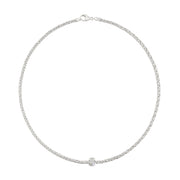 Slim polished sterling silver twisted rope chain necklace with pavé white topaz crossover rondelle station at centre and lobster clasp 