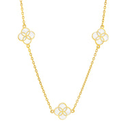 18K gold vermeil white mother-of-pearl petal Seed of Life three-station necklace full product view showing three luminous iridescent white MOP quatrefoil clover stations with Seed of Life gold cutwork lattice integrated into medium gold cable chain on white background by Jan Leslie