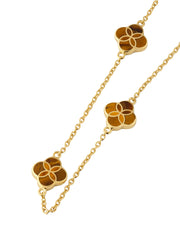 18K gold vermeil tiger eye petal Seed of Life three-station necklace alternate product view showing three natural chatoyant tiger eye quatrefoil clover stations with Seed of Life gold cutwork lattice and jump ring chain by Jan Leslie