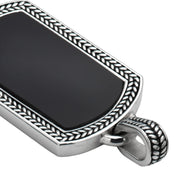 Black Onyx Inlay Braided Wheat Border Oxidized Sterling Silver Rectangular Dog Tag Plaque Pendant 