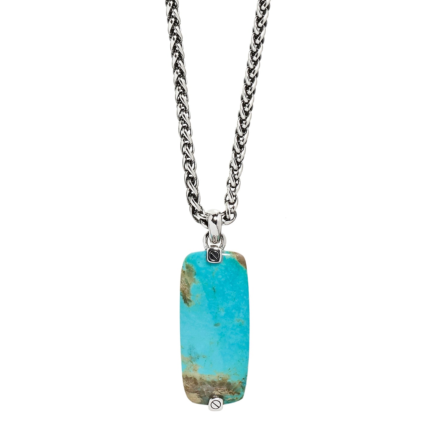 Close up of the Turquoise Gemstone Tag Sterling Silver Pendant. 