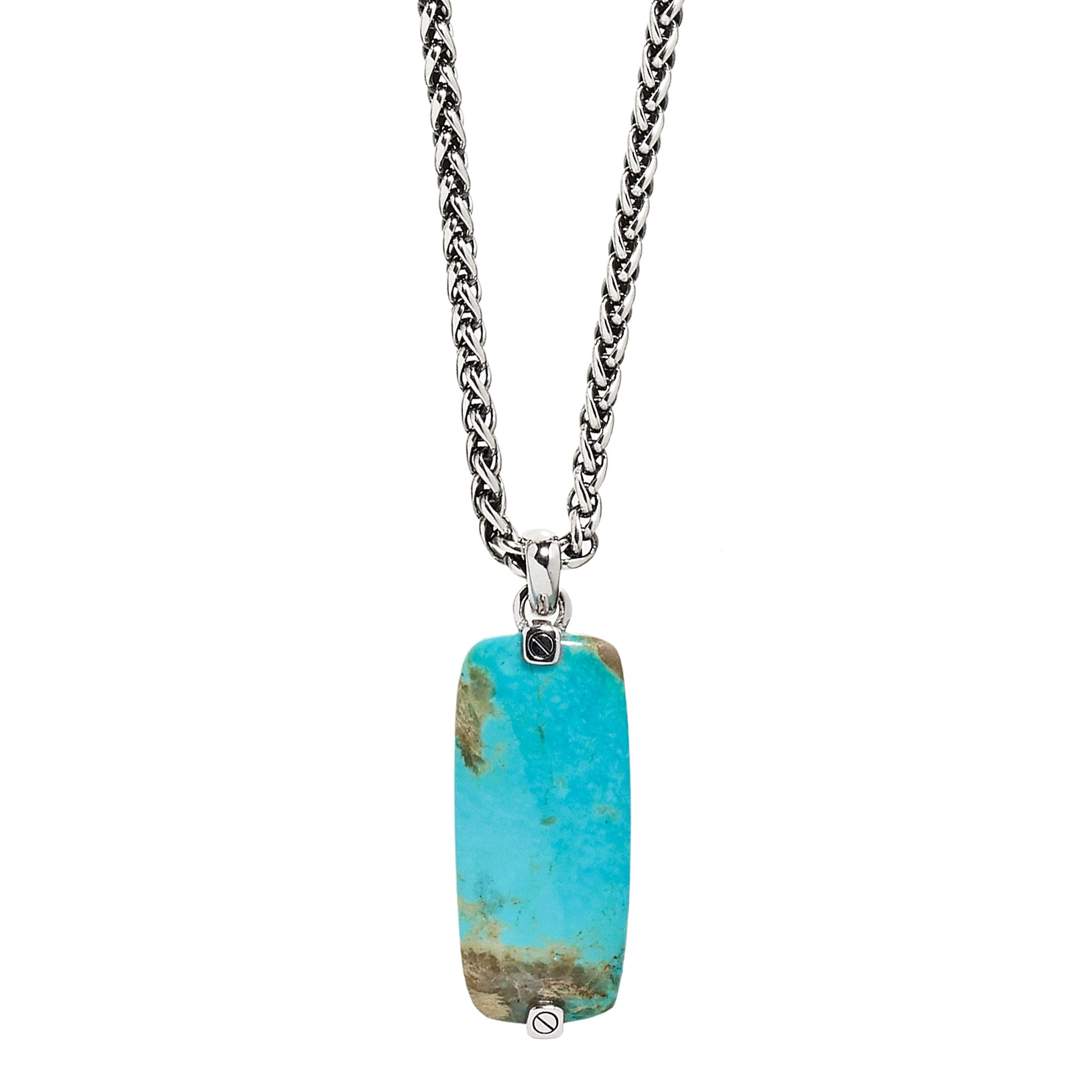 Close up of the Turquoise Gemstone Tag Sterling Silver Pendant. 