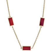 Gold vermeil sterling silver three-station red carnelian rectangle necklace with bezel-set deep red stone inlays on oval link cable chain, Jan Leslie luxury women's fine jewelry.