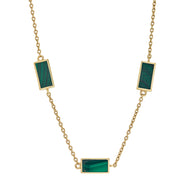 Gold vermeil sterling silver three-station malachite rectangle necklace with bezel-set banded green stone inlays on oval link cable chain, Jan Leslie luxury women's fine jewelry.