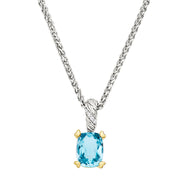 Oval blue topaz pendant with diamond accents on a braided sterling silver wheat chain with gold vermeil prong setting