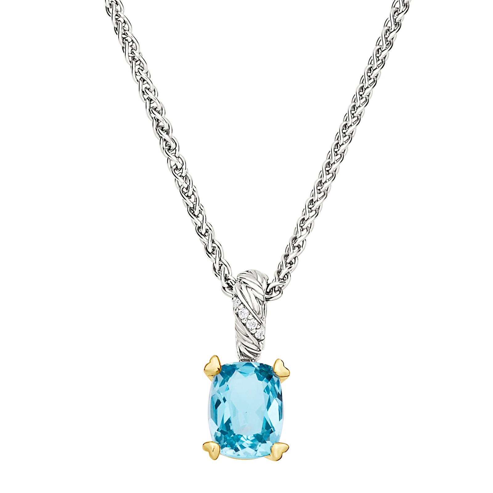 Oval blue topaz pendant with diamond accents on a braided sterling silver wheat chain with gold vermeil prong setting — a luminous, ocean-blue statement necklace crafted for effortless elegance.