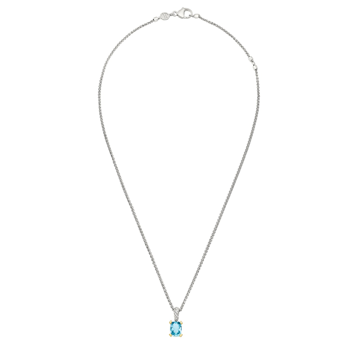 Oval blue topaz solitaire pendant on a long braided sterling silver wheat chain with gold vermeil.