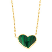 Gold vermeil bezel-set malachite heart pendant necklace on cable chain showing full silhouette and rich green banded stone by Jan Leslie.