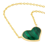 Gold vermeil bezel-set malachite heart pendant on cable chain showing banded emerald green natural stone pattern by Jan Leslie.