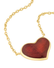 Gold vermeil bezel-set red tiger's eye heart pendant on cable chain showing natural stone grain and warm burgundy tones by Jan Leslie.