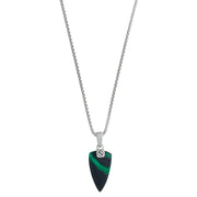 Sterling silver wide box chain necklace with freeform malachite arrowhead pendant full draped view showing deep forest green malachite with vivid emerald banding and polished silver screw-head bail by Jan Leslie