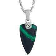 Sterling silver wide box chain necklace freeform malachite arrowhead pendant close-up showing deep forest green malachite diagonal emerald banding natural black matrix and polished silver trapezoid bail with square screw-head detail by Jan Leslie