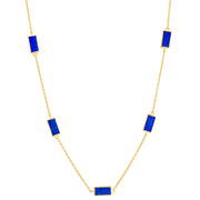 Gold vermeil sterling silver five-station lapis lazuli rectangle long station necklace with bezel-set deep blue stone inlays on delicate cable chain, Jan Leslie luxury women's fine jewelry.