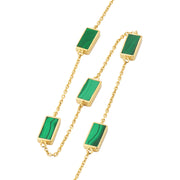 Gold vermeil five-station rectangular malachite bezel necklace draped showing all stations and cable chain detail by Jan Leslie.