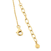 Close-up of gold vermeil lobster clasp and oval link adjustable extender chain with Jan Leslie engraved signature disc charm on malachite rectangle station necklace, luxury women's fine jewelry detail.