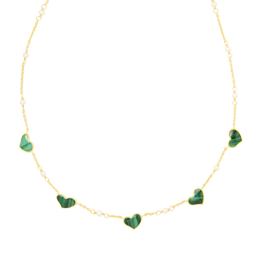 Heart Malachite Gemstone Five Station Gold Vermeil Sterling Necklace