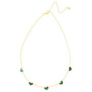 Gold vermeil sterling silver malachite heart and freshwater pearl station necklace showing adjustable lobster clasp and extender chain, Jan Leslie luxury women's fine jewelry.
