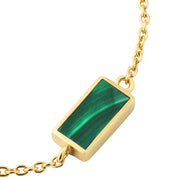 Close-up of malachite bar pendant in gold bezel setting showing natural stone banding by Jan Leslie.