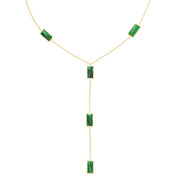 Close-up of gold vermeil lobster clasp and adjustable extender chain with Jan Leslie engraved signature disc charm on malachite rectangle Y-lariat necklace, luxury women's fine jewelry.