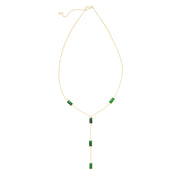 Gold vermeil malachite rectangle Y-lariat necklace with banded green stone stations at collarbone and plunging drop.