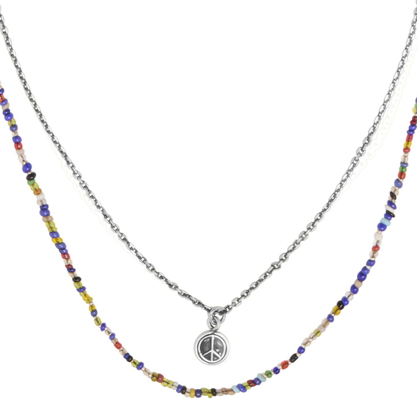 Peace on Multicolor Glass Bead Sterling Silver Necklace