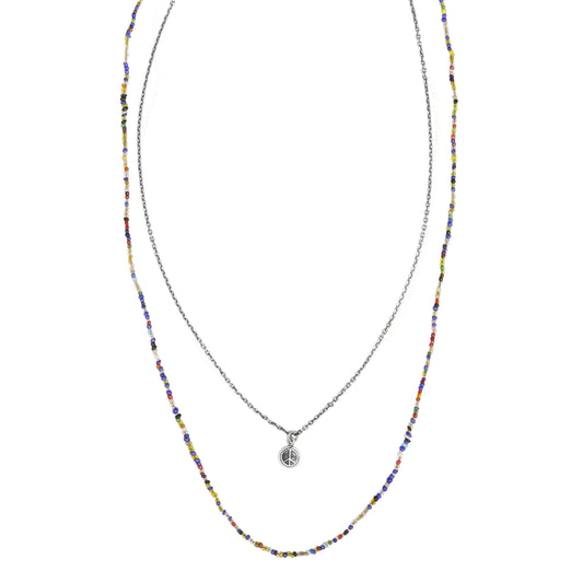 Peace on Multicolor Glass Bead Sterling Silver Necklace