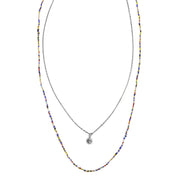 Multicolor seed bead necklace layered with oxidized silver cable chain and peace sign disc pendant — Jan Leslie