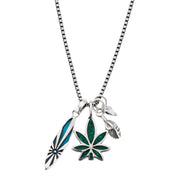 Oxidized sterling silver wide box chain necklace full draped view showing malachite inlay cannabis leaf blue abalone surfboard and sterling silver feather charm cluster by Jan Leslie