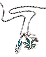 Oxidized sterling silver box chain necklace charm cluster angled view showing malachite cannabis leaf charm blue abalone surfboard with sunburst engraving and sterling silver feather charm by Jan Leslie