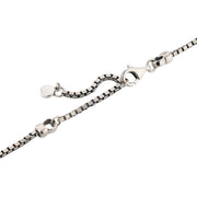 Oxidized sterling silver wide box chain necklace clasp close-up showing polished lobster clasp single-link extender and Jan Leslie disc tag by Jan Leslie