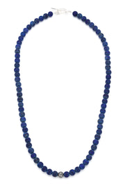 Full strand of matte lapis lazuli round bead necklace with oxidized sterling silver filigree accent bead and polished sterling silver toggle bar clasp, Jan Leslie
